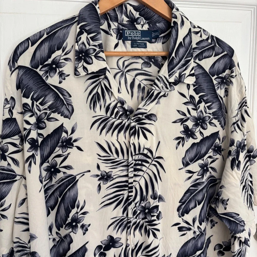 Polo Ralph Lauren Clayton Shirt XXL Navy Hawaiian Aloha Tropical Viscose Palm